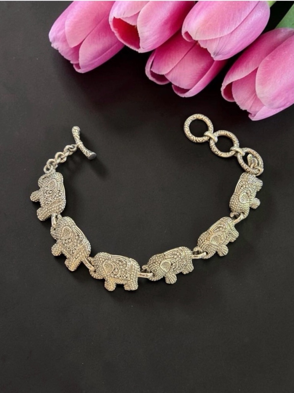 Sarda Bali Elephant Textured Sterling Silver Toggle Bracelet 7.25" - 8.5”